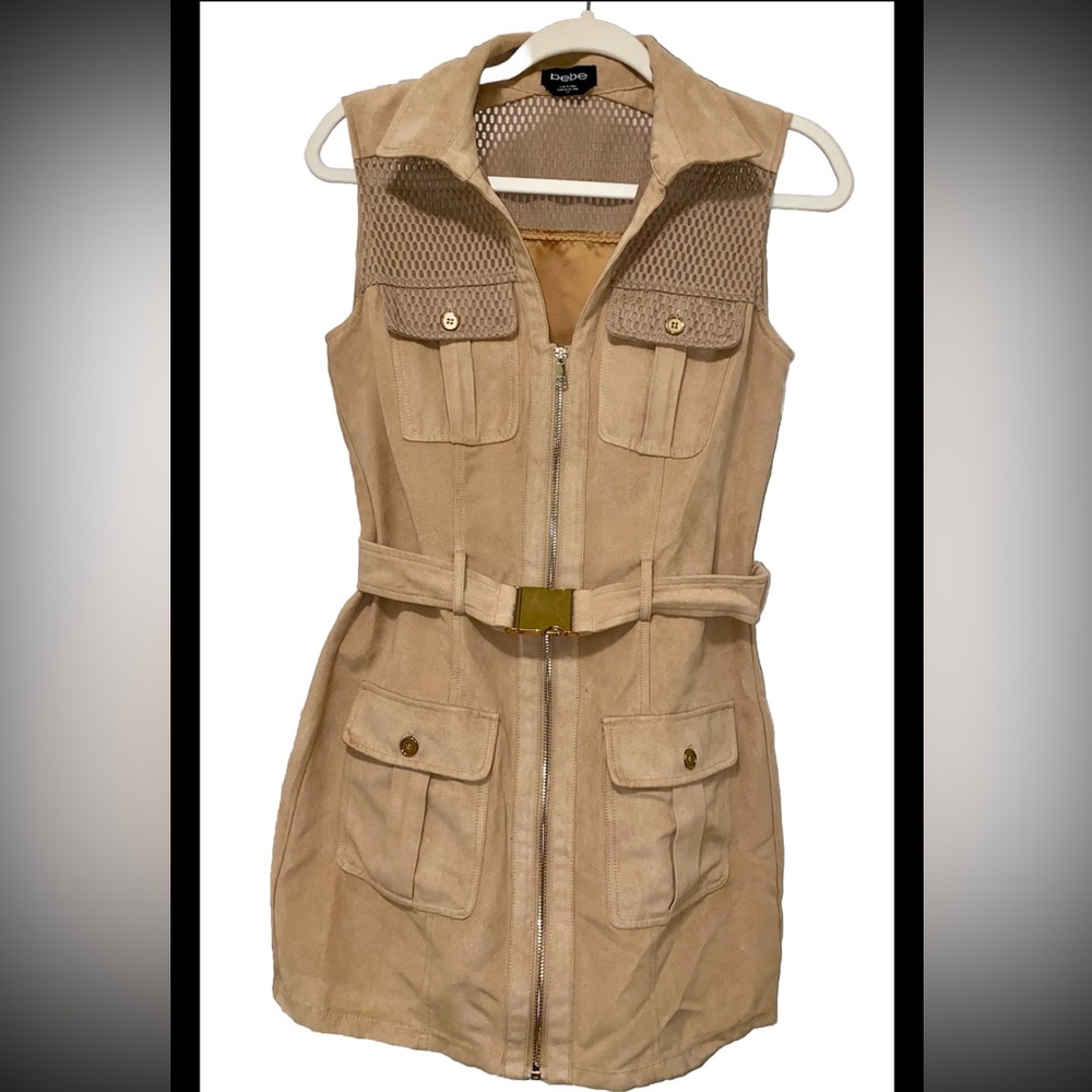 Bebe Top, Faux Suede Tunic Belted long Coat Vest Zip up Beige, Size S EUC